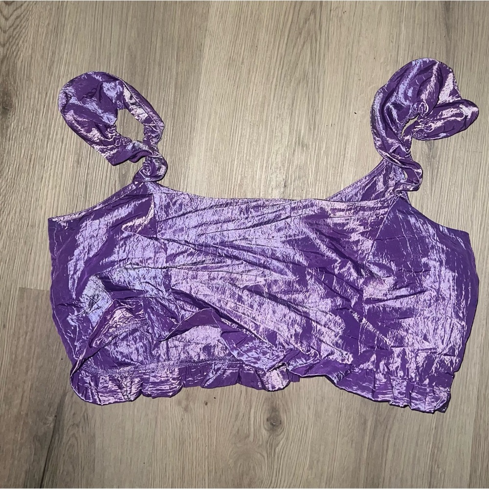 ASOS Purple Satin Crop Top Size 12 | Square Neck Ruffle Strap Party